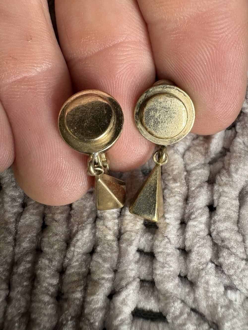 Vintage Monet Gold Tone Geometric Drop Clip On Earrings Signed Pyramid Dangle